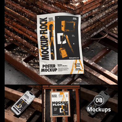 A poster mockup displayed on stacked wooden beams, with smaller views showing a phone mockup and a framed print mockup. The main poster features bold black and orange text reading 'MOCKUP BLOCK' and 'POSTER MOCKUP' with industrial graphic elements.