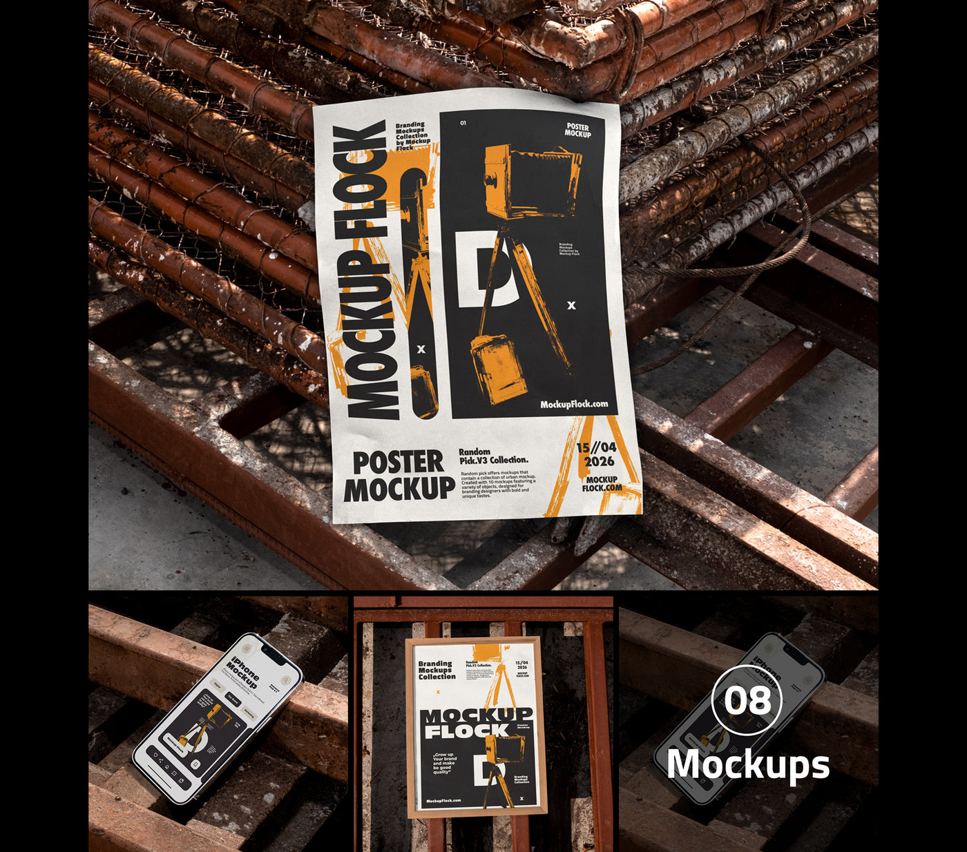 A poster mockup displayed on stacked wooden beams, with smaller views showing a phone mockup and a framed print mockup. The main poster features bold black and orange text reading 'MOCKUP BLOCK' and 'POSTER MOCKUP' with industrial graphic elements.