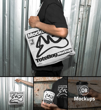 Premium collage preview of the urban mockup bundle showcasing streetwear t-shirts, canvas tote bags, paper coffee cups, and iPhone screen displays
