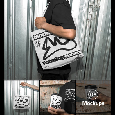 Premium collage preview of the urban mockup bundle showcasing streetwear t-shirts, canvas tote bags, paper coffee cups, and iPhone screen displays