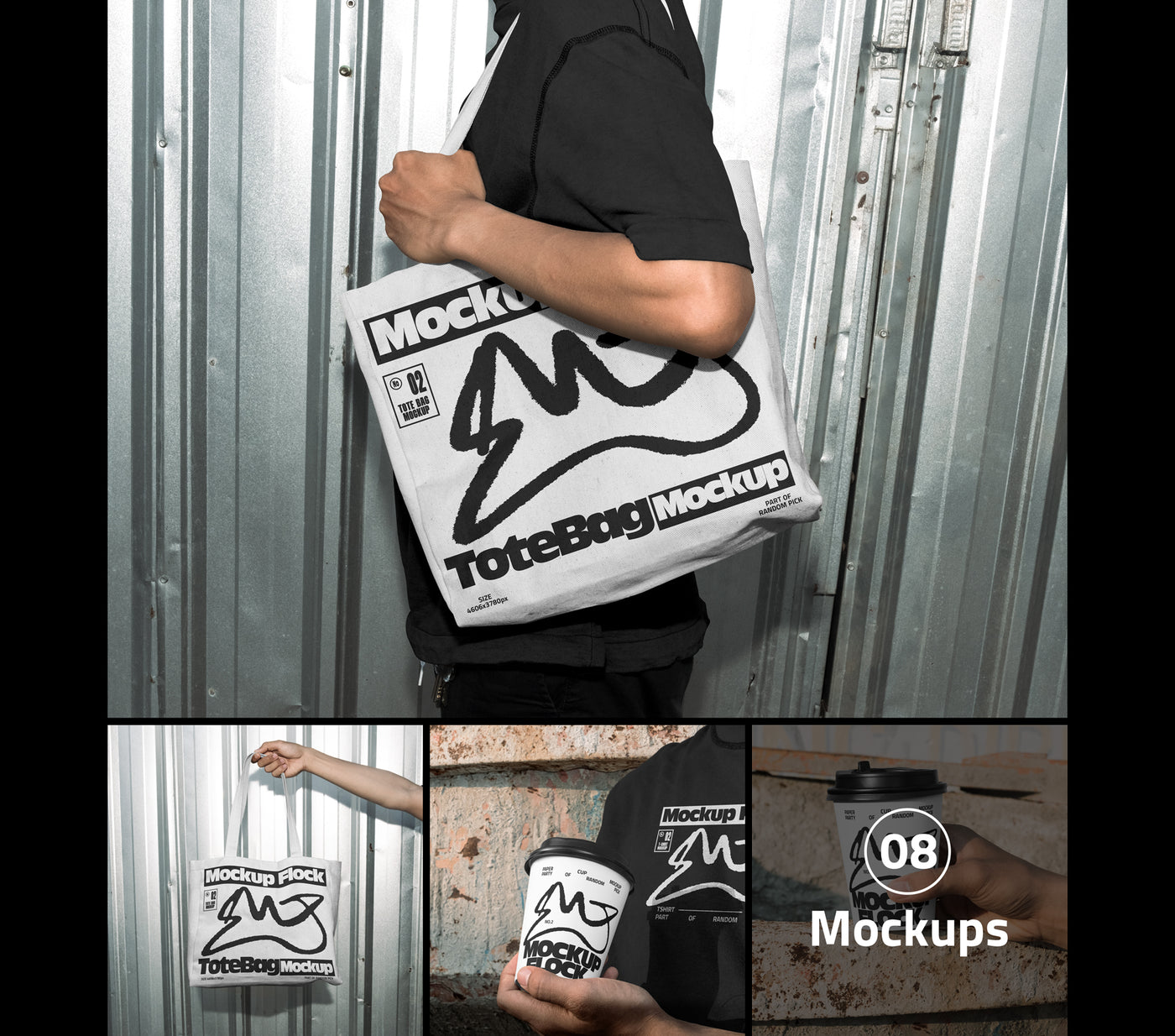 Premium collage preview of the urban mockup bundle showcasing streetwear t-shirts, canvas tote bags, paper coffee cups, and iPhone screen displays