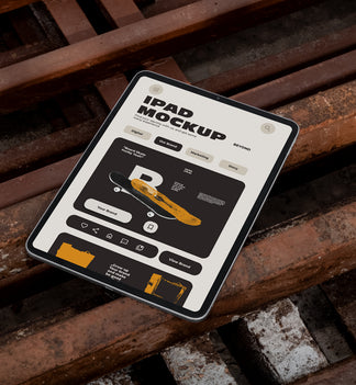 iPad mockup lying at an angle on rusty industrial metal grates outdoors, screen displaying app UI design, dark urban street style