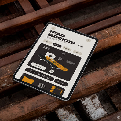 iPad mockup lying at an angle on rusty industrial metal grates outdoors, screen displaying app UI design, dark urban street style