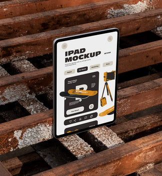 iPad standing upright on rusty industrial metal pallets outdoors displaying app UI design, dark urban industrial style photography