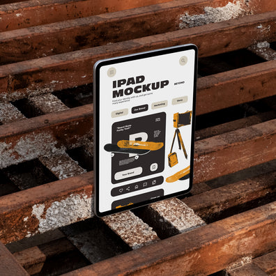 iPad standing upright on rusty industrial metal pallets outdoors displaying app UI design, dark urban industrial style photography