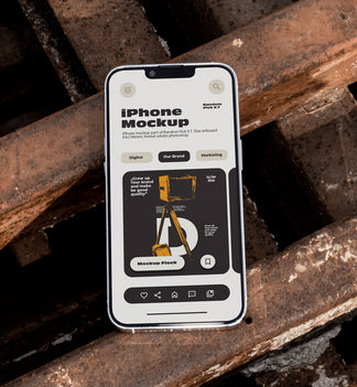 iPhone lying flat face-up on rusty industrial metal grates outdoors in bright daylight, showing app UI mockup design, dark urban industrial style