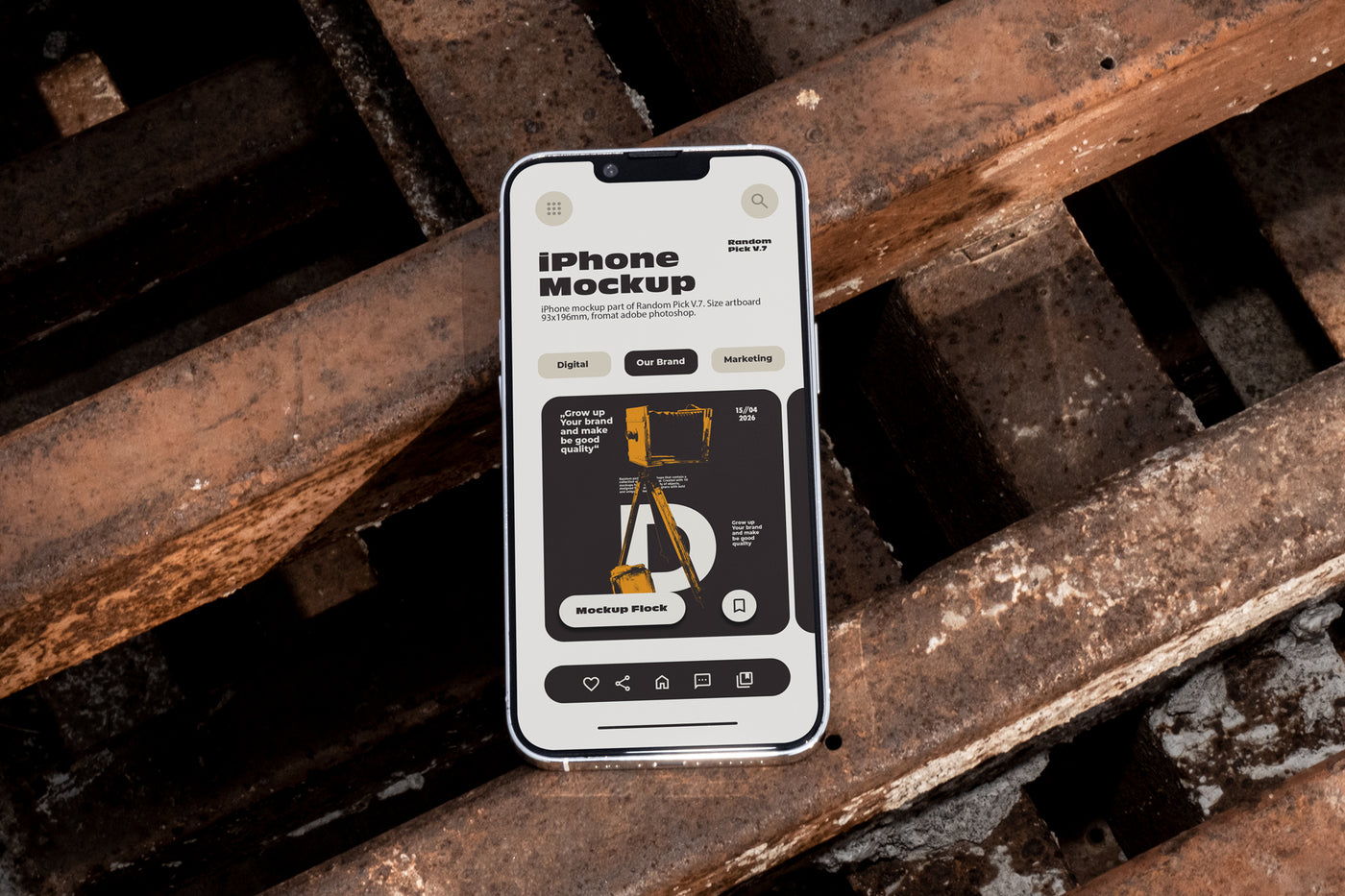 iPhone lying flat face-up on rusty industrial metal grates outdoors in bright daylight, showing app UI mockup design, dark urban industrial style