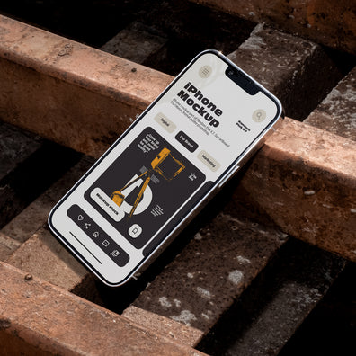 iPhone mockup lying tilted diagonally on rusty metal industrial grates outdoors in harsh daylight, showing app UI design, urban street style