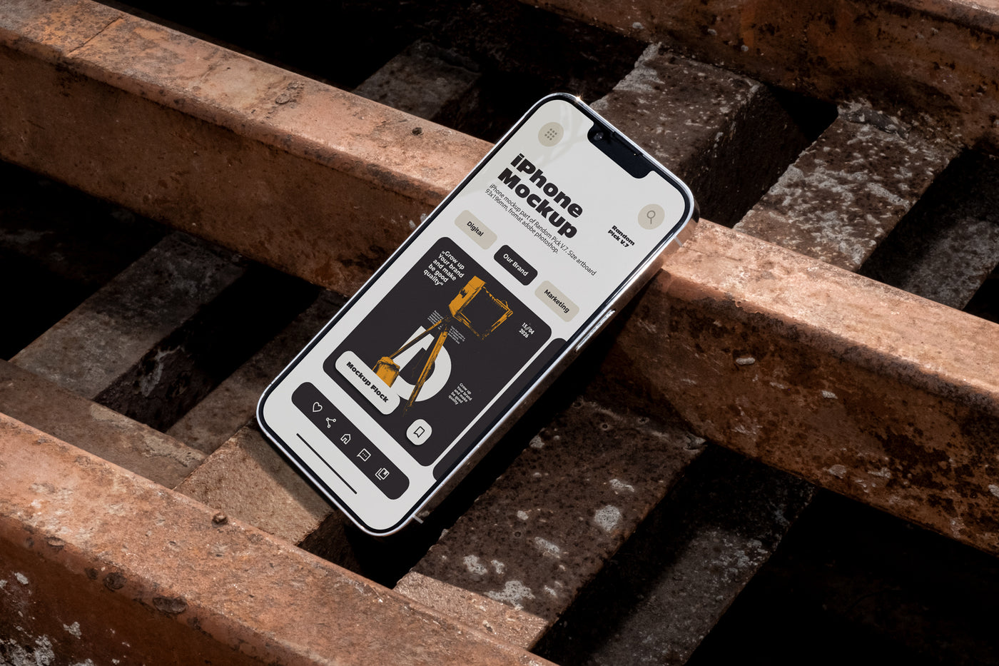 iPhone mockup lying tilted diagonally on rusty metal industrial grates outdoors in harsh daylight, showing app UI design, urban street style
