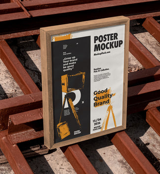 white framed poster mockup standing upright on rusty industrial metal grates outdoors in harsh sunlight, bold two-panel graphic design, urban street aesthetic