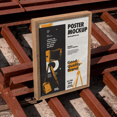white framed poster mockup standing upright on rusty industrial metal grates outdoors in harsh sunlight, bold two-panel graphic design, urban street aesthetic
