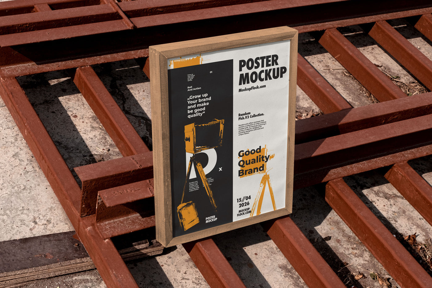 white framed poster mockup standing upright on rusty industrial metal grates outdoors in harsh sunlight, bold two-panel graphic design, urban street aesthetic