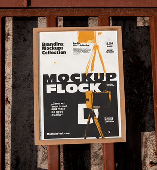 Framed poster mockup mounted on a rusty industrial metal fence outdoors in bright sunlight, bold black and white design with blue accents, urban street style branding