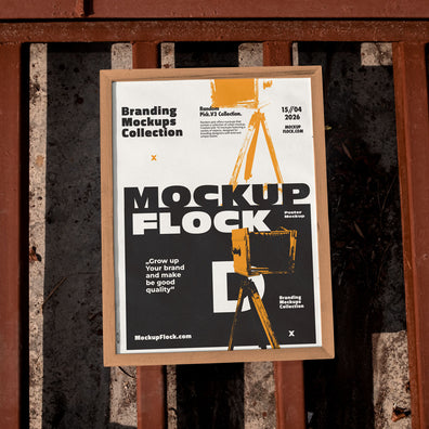 Framed poster mockup mounted on a rusty industrial metal fence outdoors in bright sunlight, bold black and white design with blue accents, urban street style branding