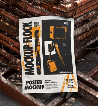 Unframed paper poster mockup lying flat on rusty industrial metal grates outdoors in bright daylight, bold black and blue graphic design, urban street style