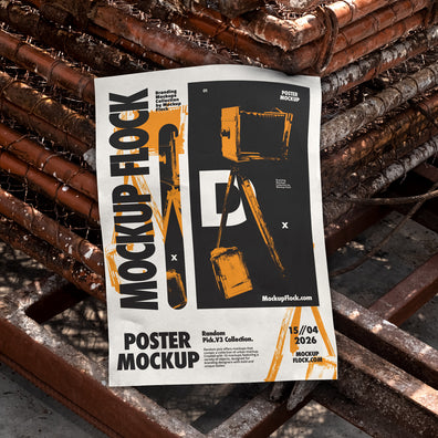 Unframed paper poster mockup lying flat on rusty industrial metal grates outdoors in bright daylight, bold black and blue graphic design, urban street style