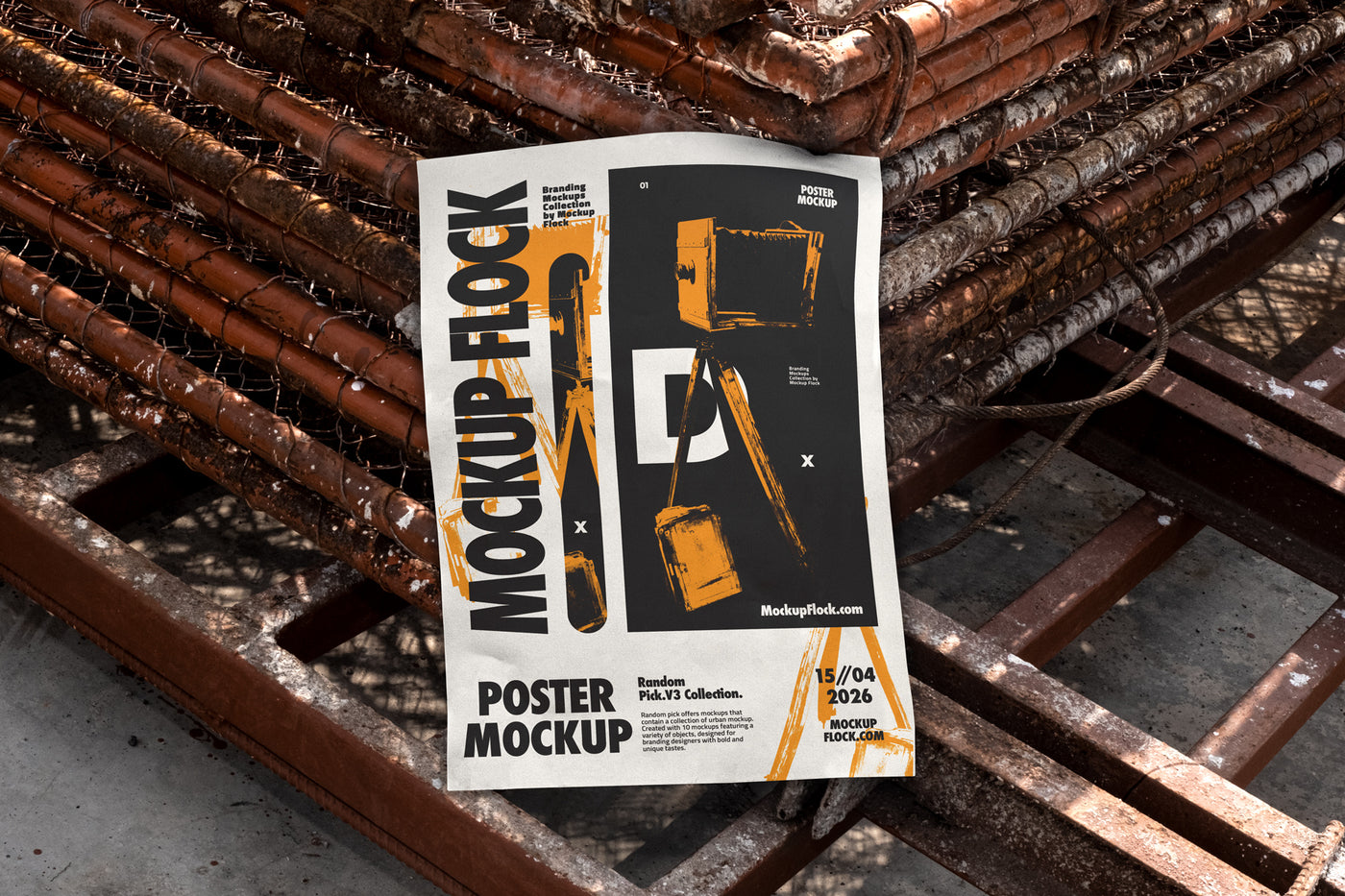 Unframed paper poster mockup lying flat on rusty industrial metal grates outdoors in bright daylight, bold black and blue graphic design, urban street style