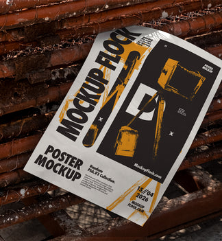 paper poster mockup lying flat on a pile of rusty rebar rods outdoors, bold black and white graphic design with blue accents, urban industrial street style