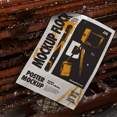 paper poster mockup lying flat on a pile of rusty rebar rods outdoors, bold black and white graphic design with blue accents, urban industrial street style