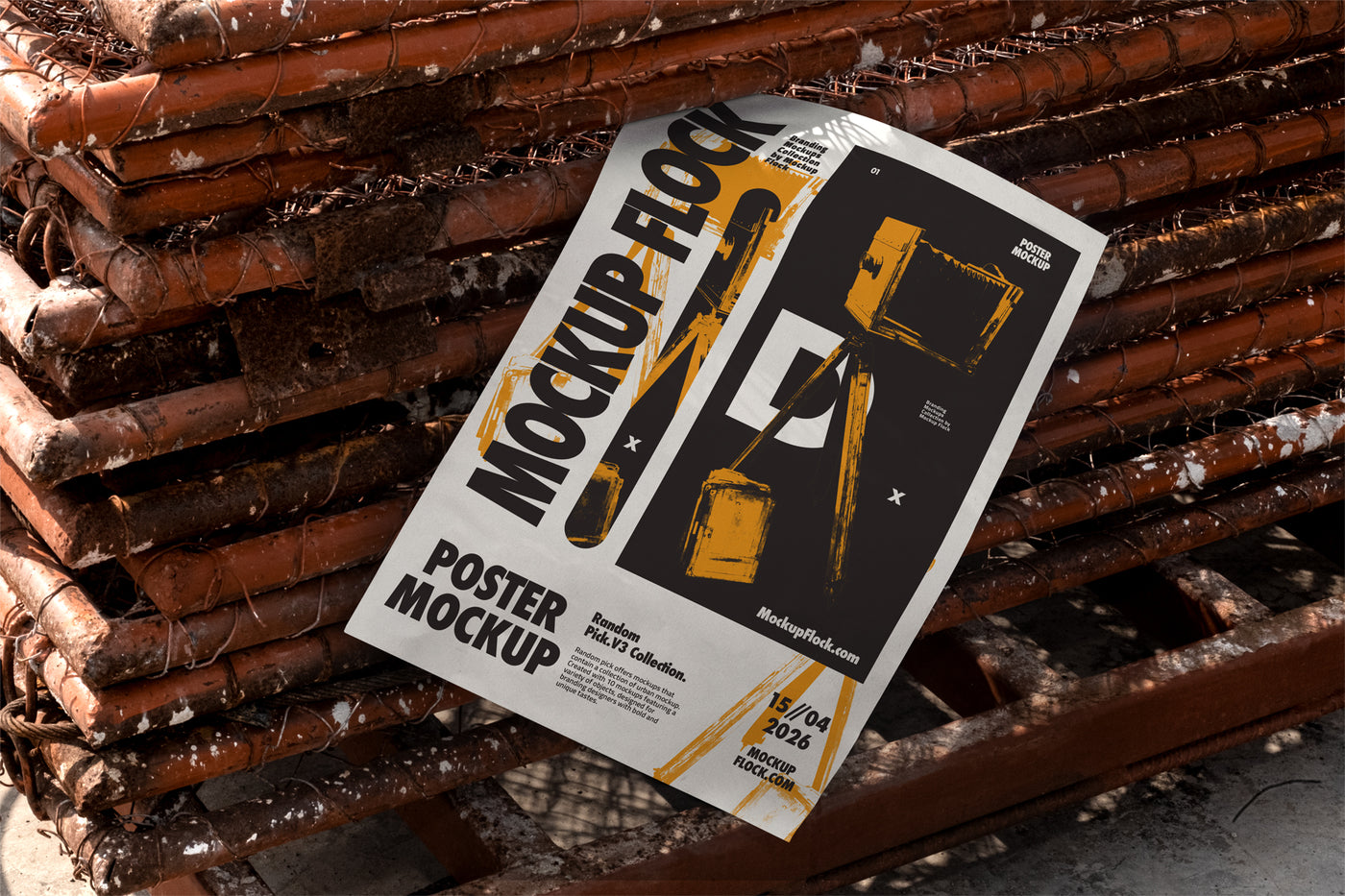 paper poster mockup lying flat on a pile of rusty rebar rods outdoors, bold black and white graphic design with blue accents, urban industrial street style
