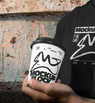 Person wearing a black t-shirt holding a white paper coffee cup with custom branding against an urban textured wall