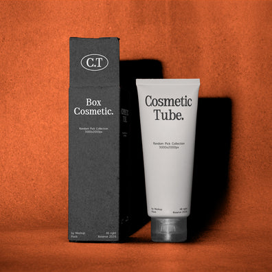 A white cosmetic tube labeled 'Cosmetic Tube.' stands next to a tall black box labeled 'Box Cosmetic.