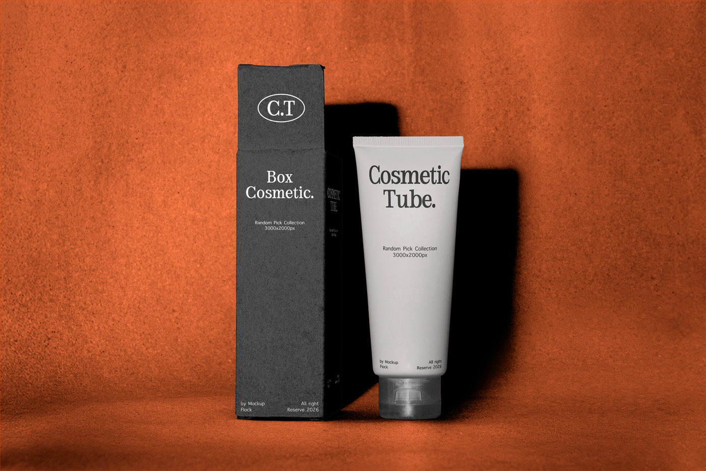 A white cosmetic tube labeled 'Cosmetic Tube.' stands next to a tall black box labeled 'Box Cosmetic.
