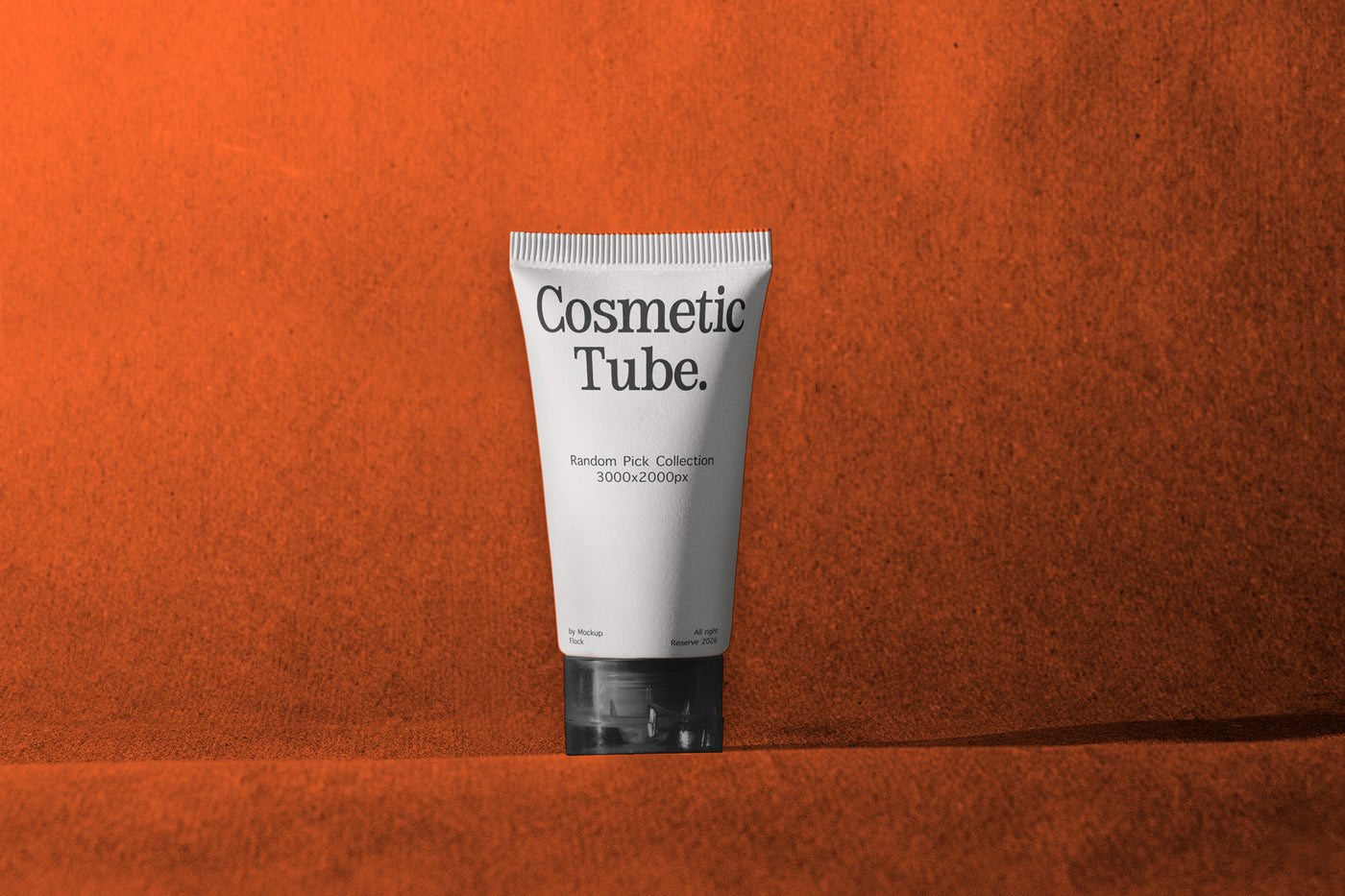 A white squeeze tube labeled 'Cosmetic Tube.' with black text, standing upright against a textured orange background.