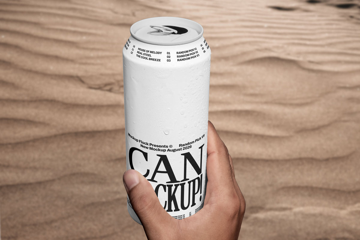 Hand holding a white beverage can mockup upright against a sand dune background, lifestyle mockup