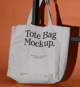 A light gray canvas tote bag hanging from a black metal stand against a solid terracotta orange background. The bag features placeholder black text reading 'Tote Bag Mockup.