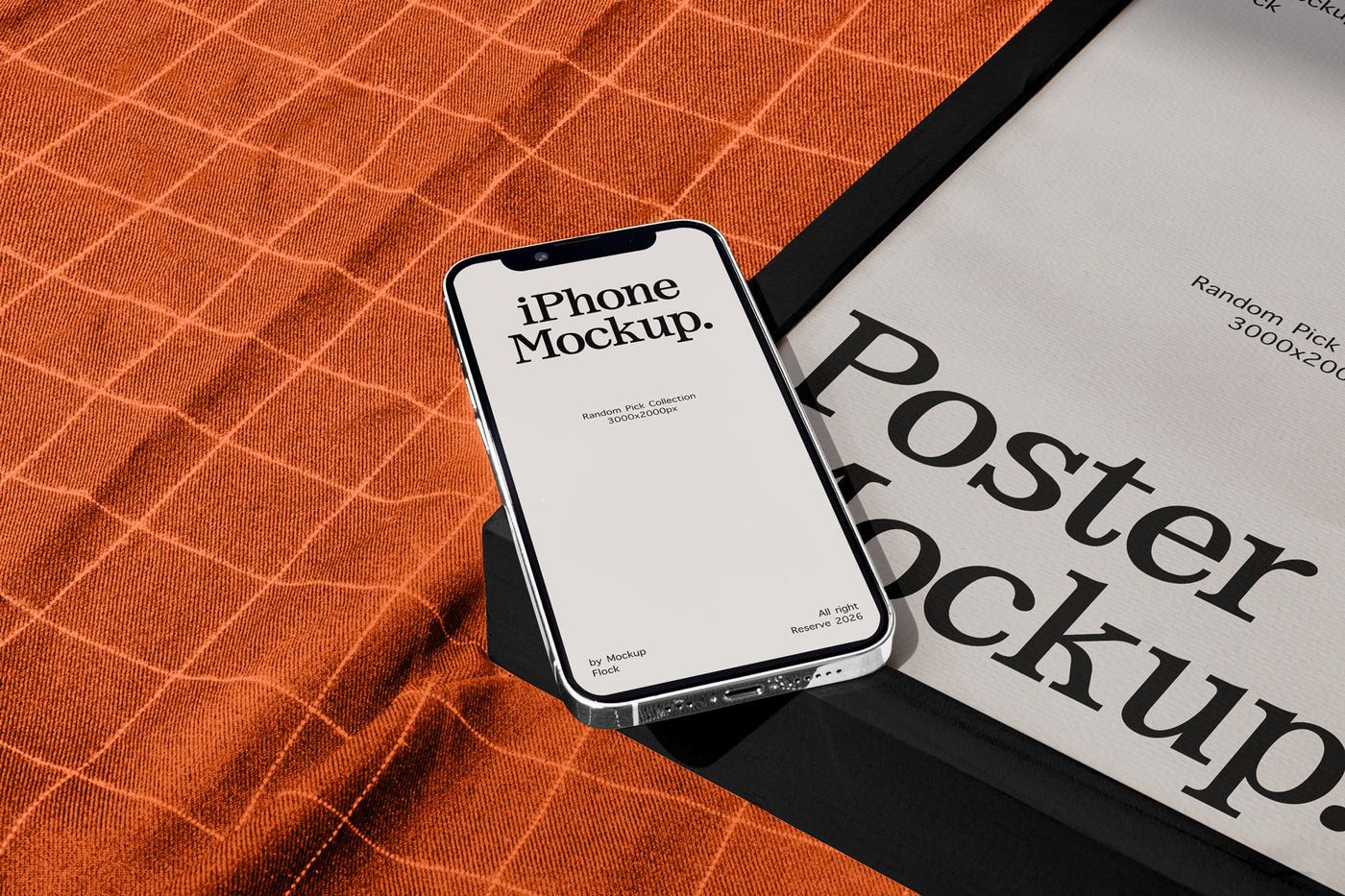 A smartphone mockup displaying 'iPhone Mockup.' on its screen, resting on a black stand over an orange textured fabric next to a black-framed poster with 'Poster Mockup' text.