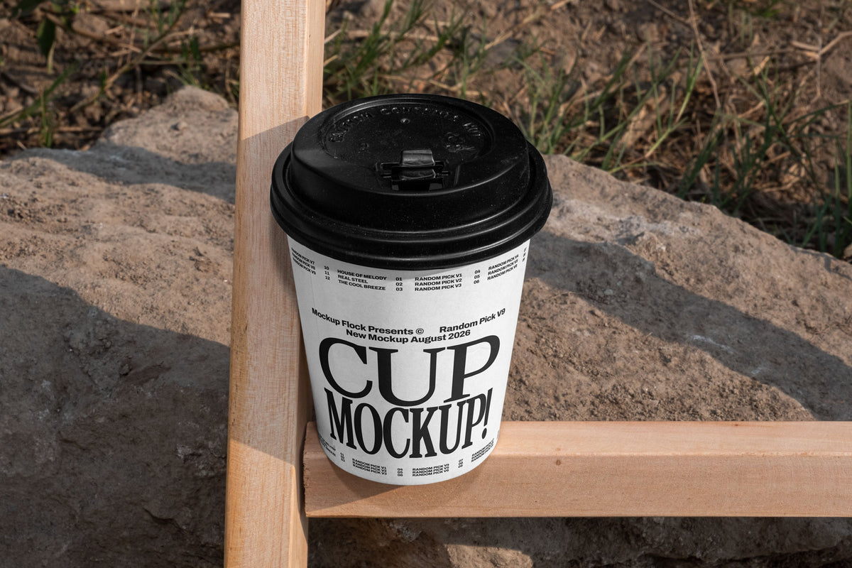 White paper coffee cup mockup with black lid placed on a wooden fence beam with rocky dirt background outdoors