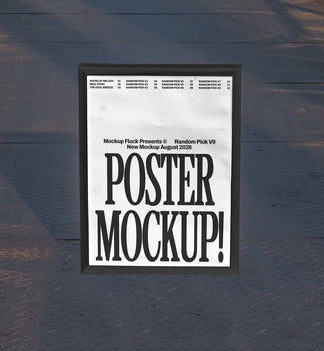 Black framed poster mockup standing upright on a dark textured metal floor with soft shadow overlay