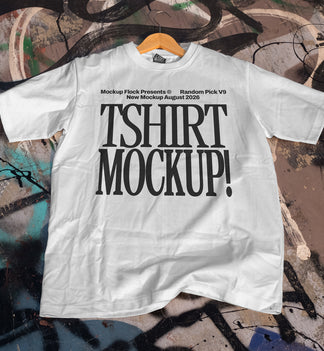 White t-shirt mockup hanging on a wooden hanger against a colorful graffiti wall, apparel mockup