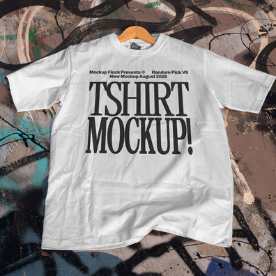 White t-shirt mockup hanging on a wooden hanger against a colorful graffiti wall, apparel mockup