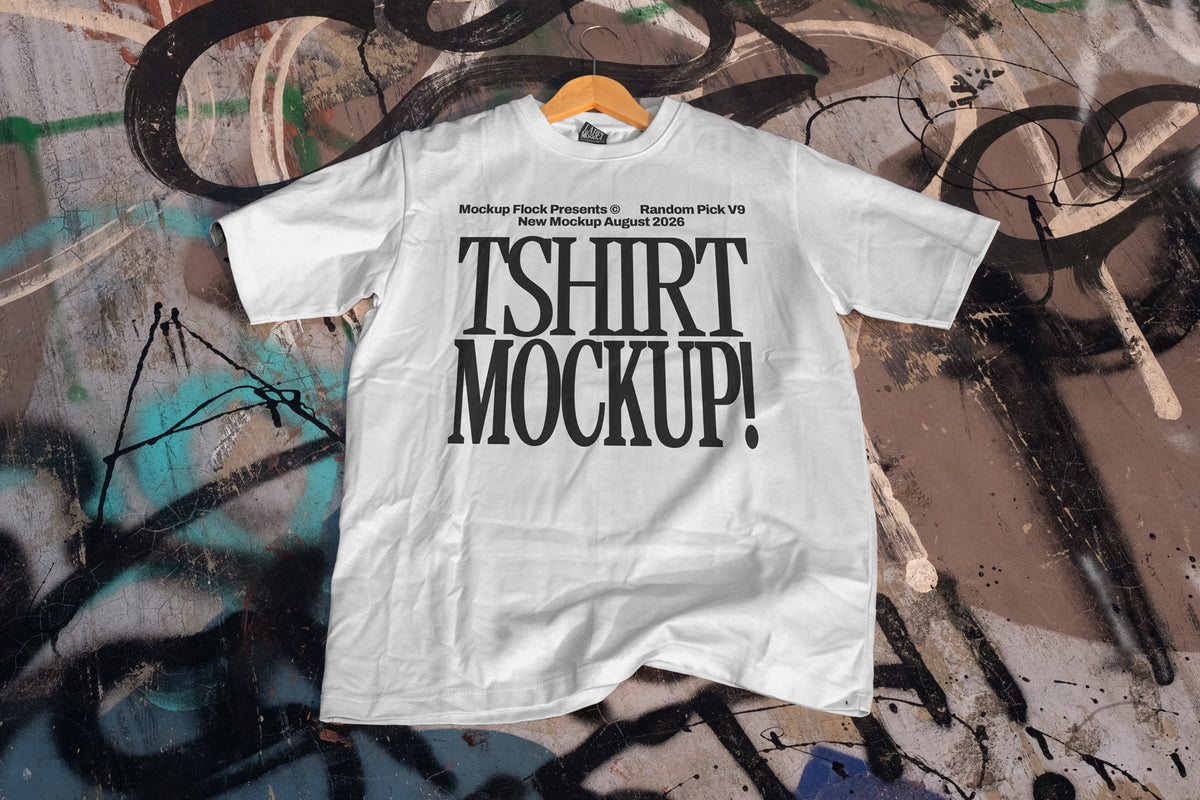 White t-shirt mockup hanging on a wooden hanger against a colorful graffiti wall, apparel mockup