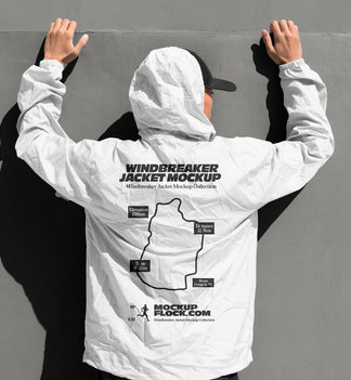 White hooded windbreaker jacket mockup back view with model's hands raised against grey wall