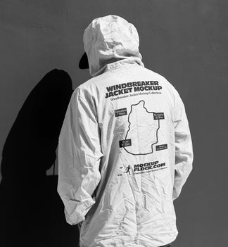 A person shown from behind wearing a white hooded jacket mockup with a large black printed graphic and text on the back, standing against a dark gray wall that casts a strong shadow.