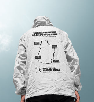 White hooded windbreaker jacket mockup back view against sky background