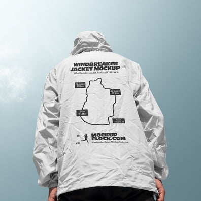 White hooded windbreaker jacket mockup back view against sky background