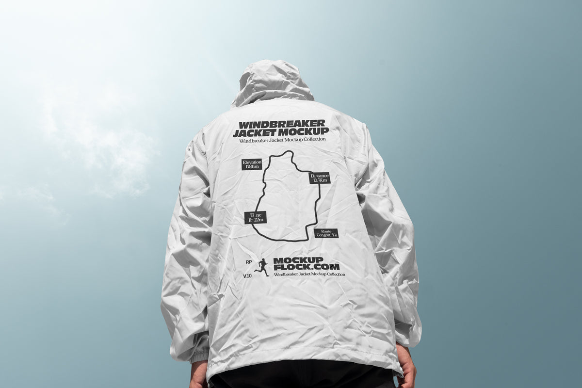 White hooded windbreaker jacket mockup back view against sky background