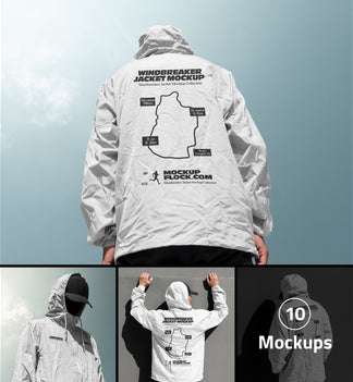 A mockup collection showing the back view of a white hooded windbreaker jacket worn by a person outdoors. 