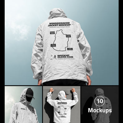 A mockup collection showing the back view of a white hooded windbreaker jacket worn by a person outdoors. 
