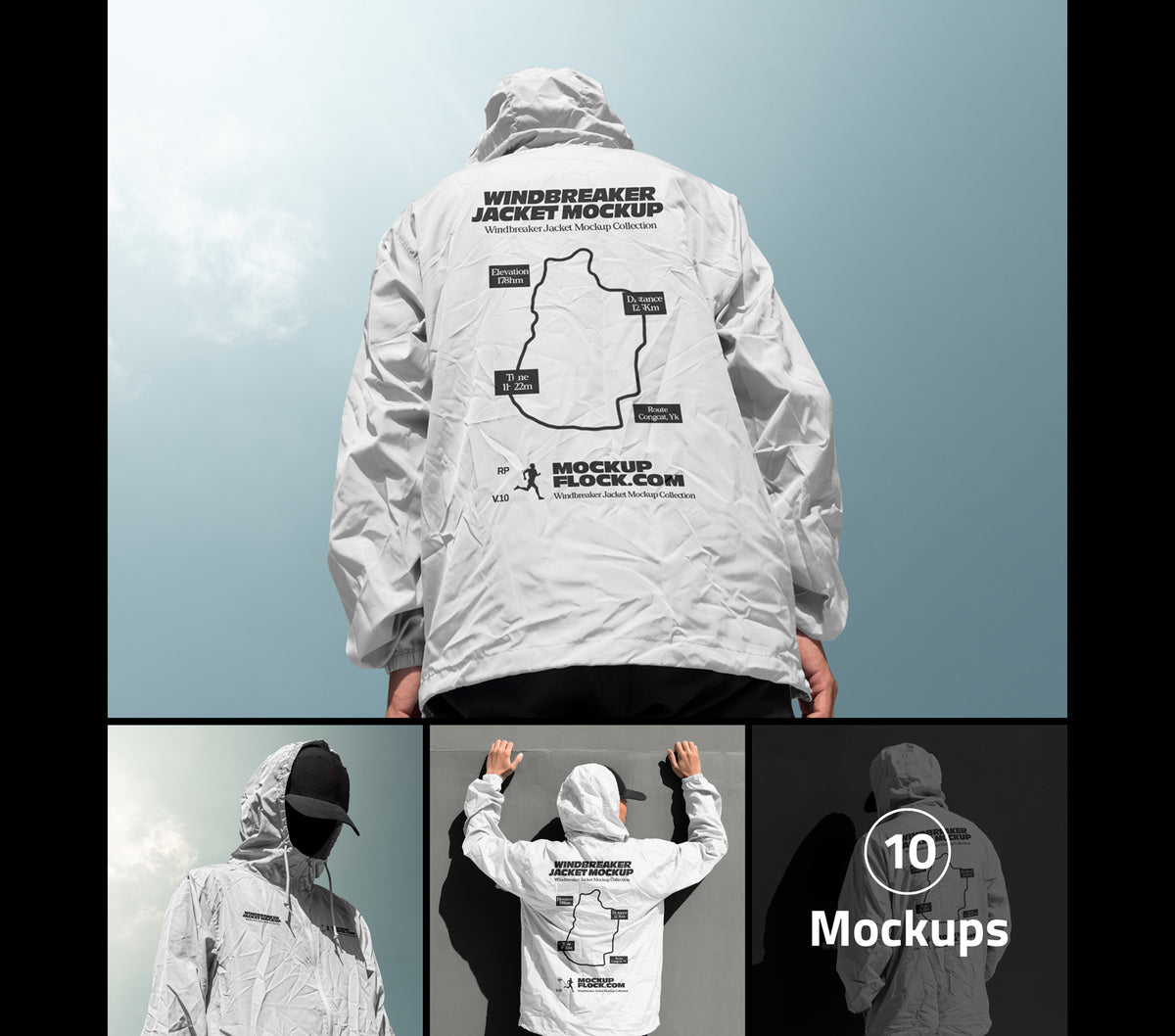 A mockup collection showing the back view of a white hooded windbreaker jacket worn by a person outdoors. 