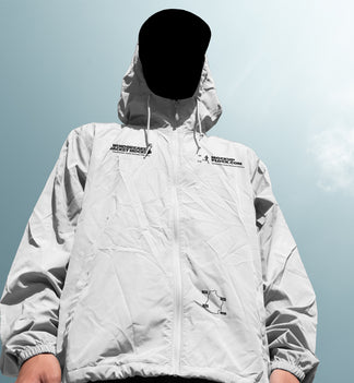 White windbreaker jacket mockup low angle front view against sky