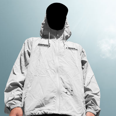 White windbreaker jacket mockup low angle front view against sky