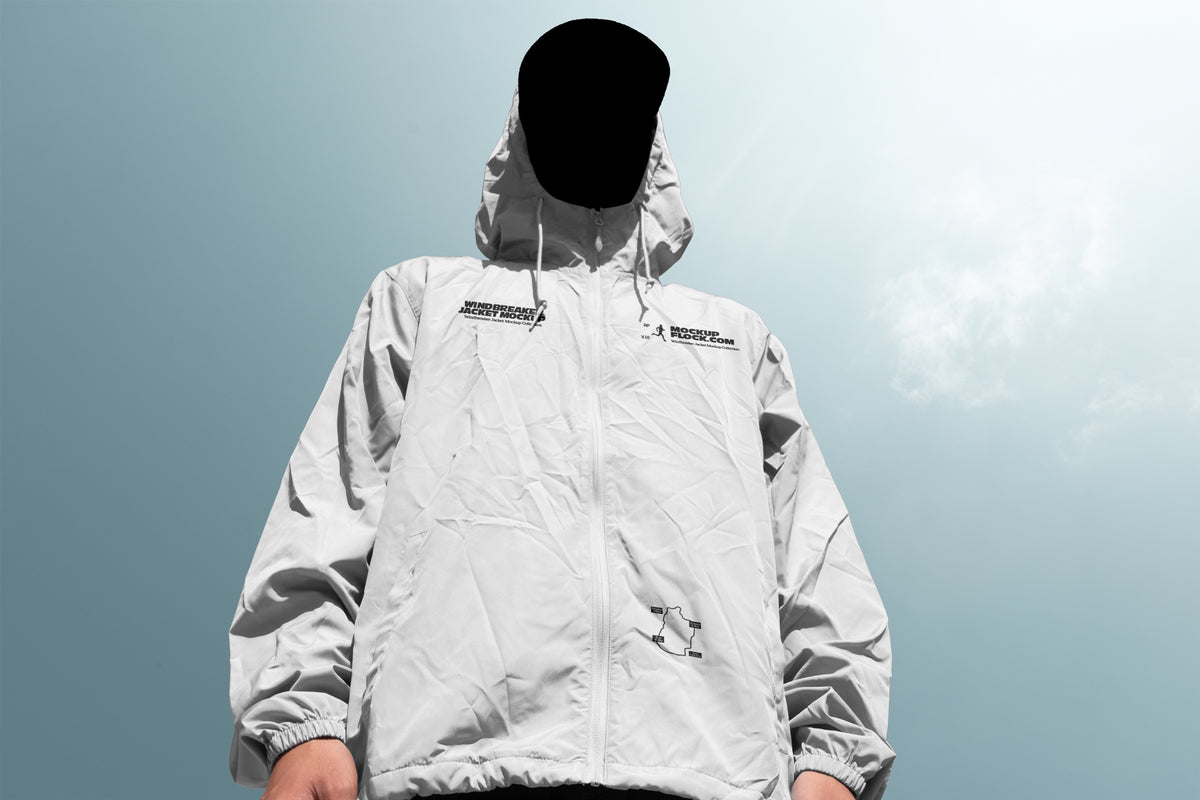 White windbreaker jacket mockup low angle front view against sky
